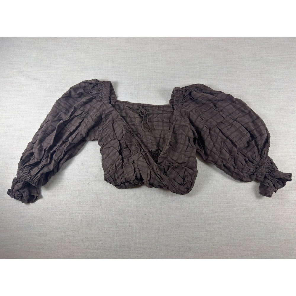 Brown Textured Puff Sleeve Crop Top Square Neck Wrap Front Smocked Cuffs 0773
